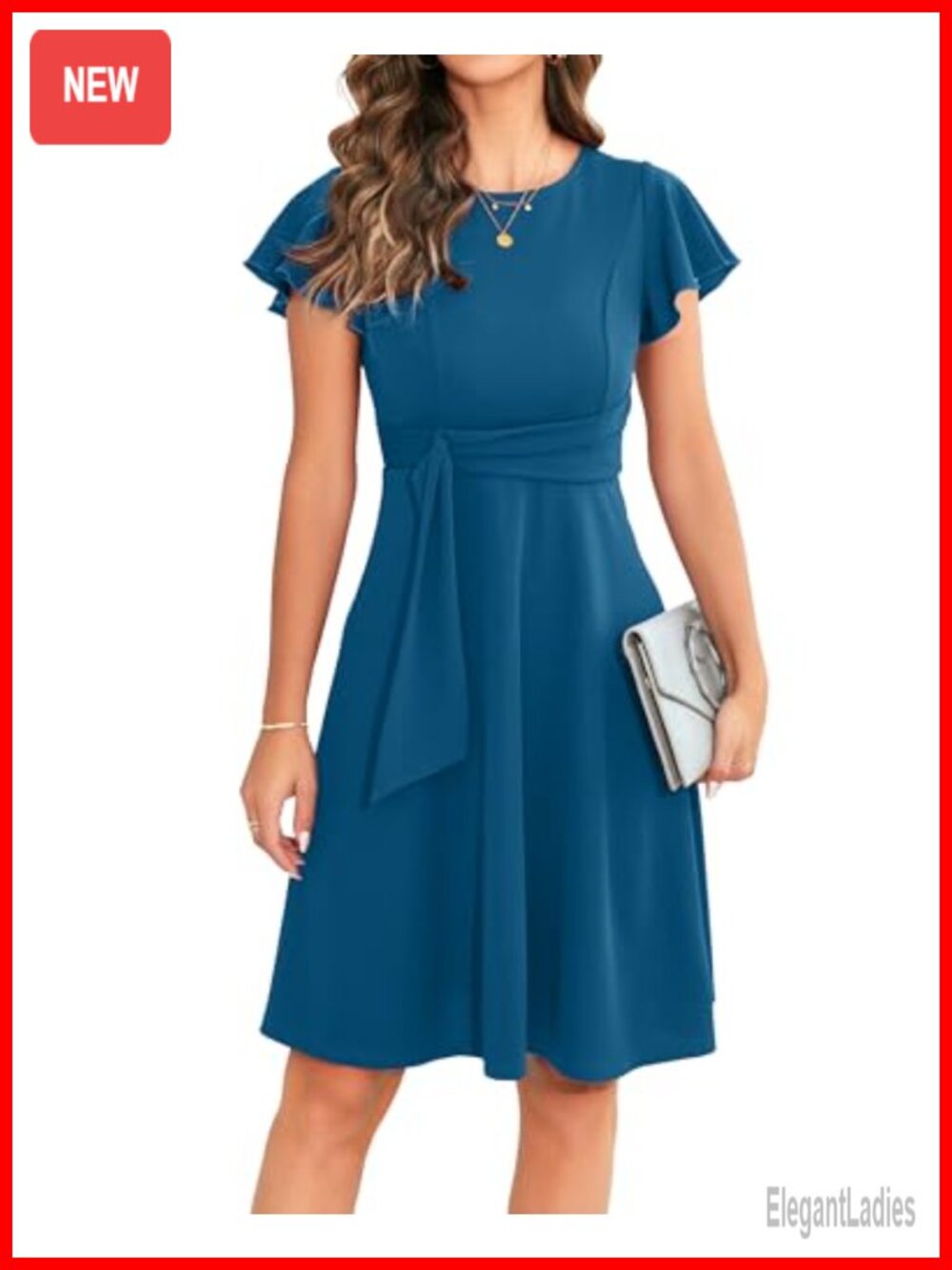 Women's Ruffle Sleeve A-Line Cocktail Dress - Stretch Short Sleeve Knee Length